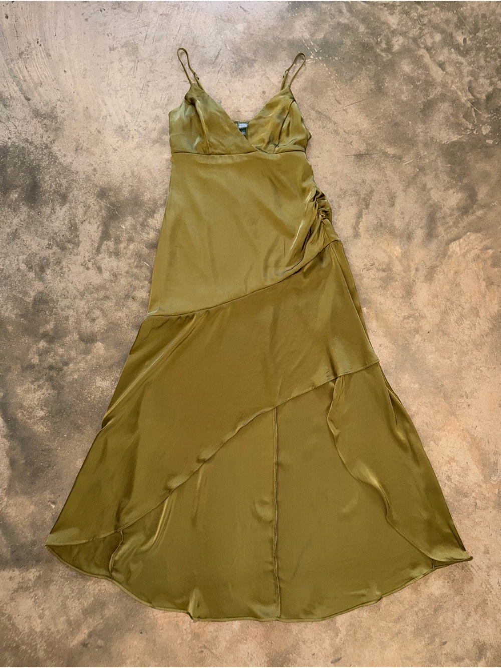 Wild Fable Olive Satin-Like Slip Midi Maxi Dress M Ruched Asymmetrical Cocktail